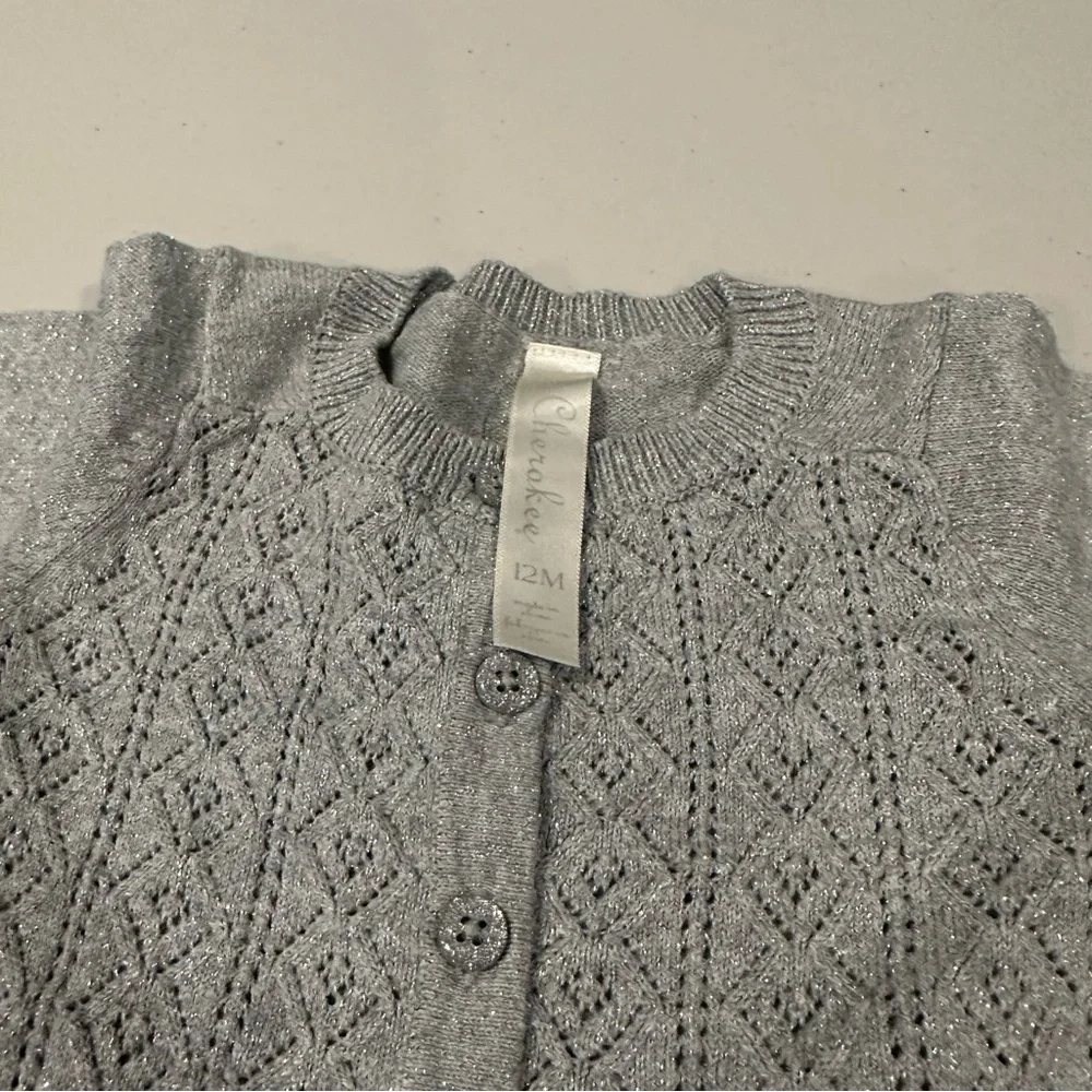 12 M Bundle Grey Sweater, Grey Sparkle Pants, Glitter Floral Long Sleeve Onesie